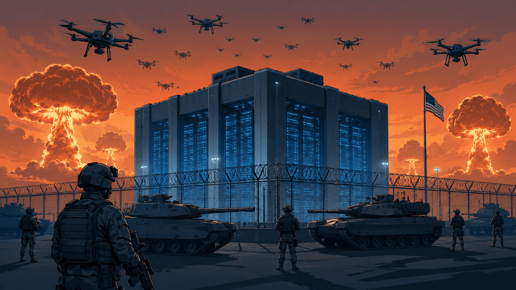 A fortified AI data center surrounded by military forces and drones.